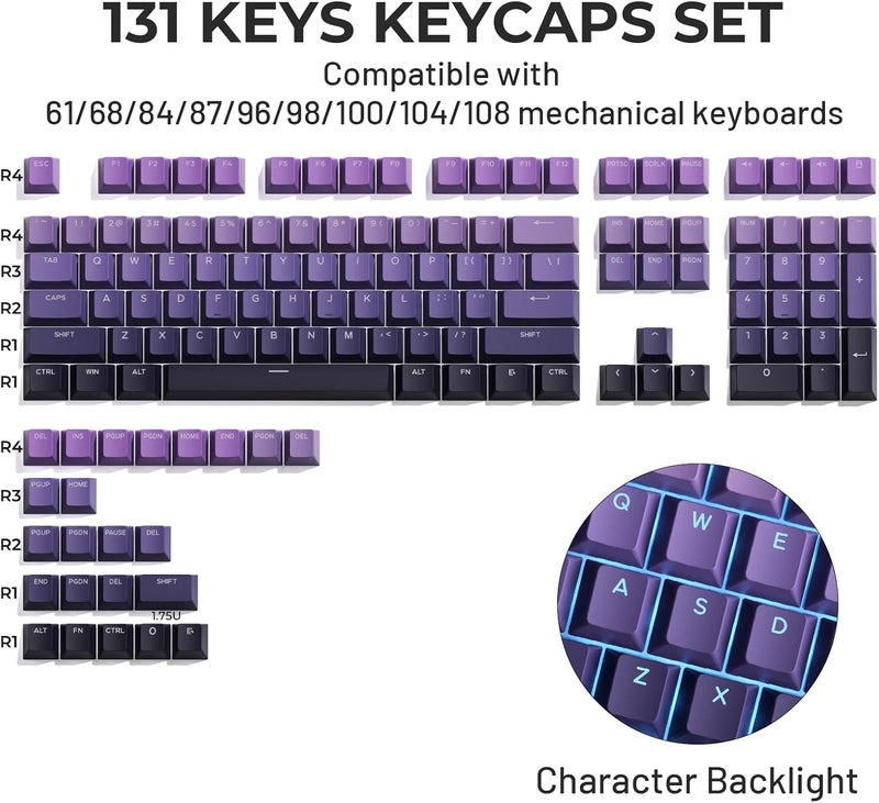 SDYZ x XVX Shine Through PBT Keycaps, Custom Keycaps 60 75 100 Percent Cherry Profile, Doubleshot Key caps Set for 61/64/68/84/87/100/104/108 Gaming Mechanical Keyboard, Gradient Purple - Image 2